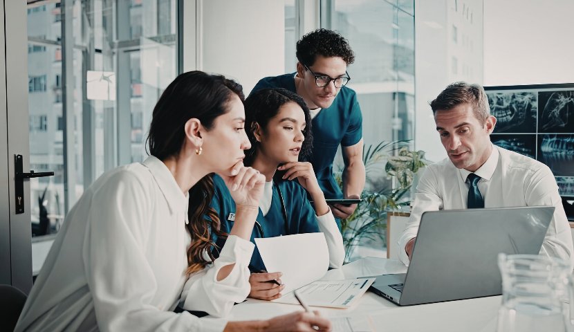 Radiology clinical team reviewing data with financial consultant